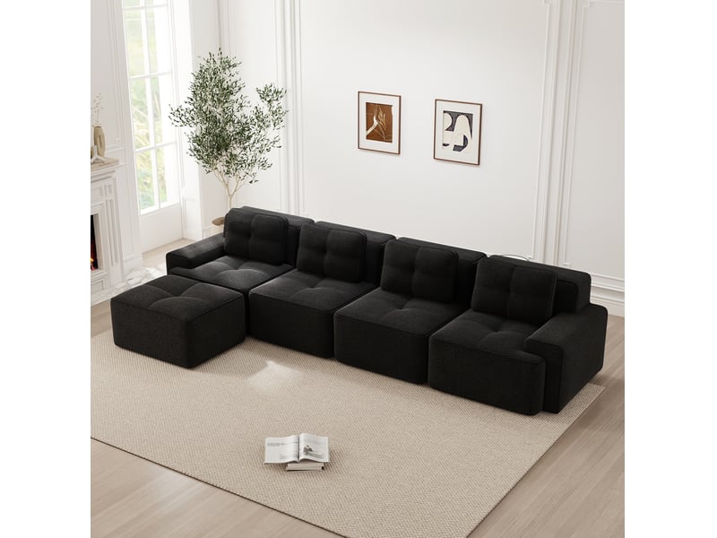  Canapé d'angle modulable 4 places en velours côtelé noir, méridienne gauche et assise profonde de 74 cm  - Conforama B