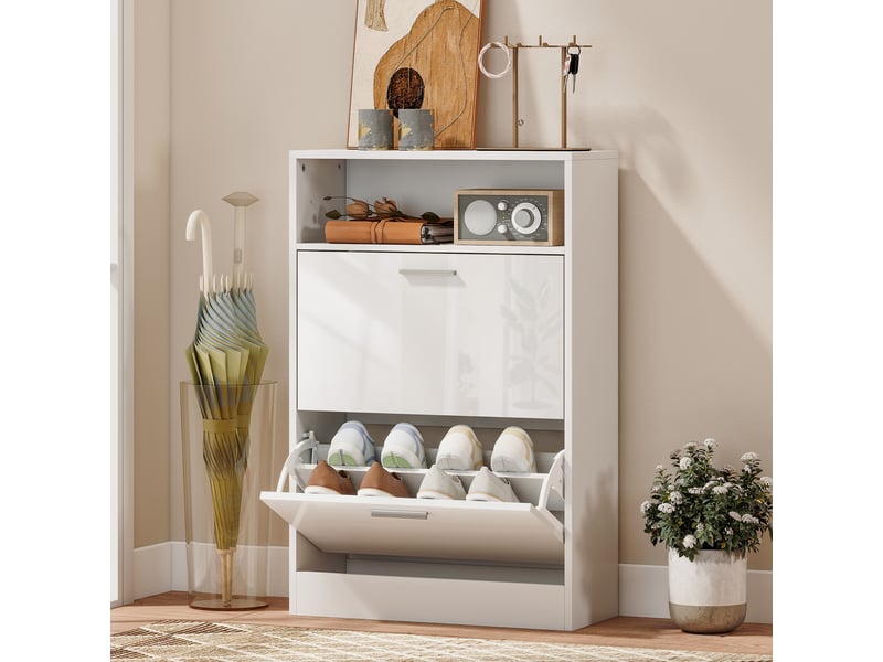  Meuble à chaussures 8 paires, armoire à chaussures, 2 tiroirs rabattables, étagères réglables et compartiment, blanc  - Conforama B