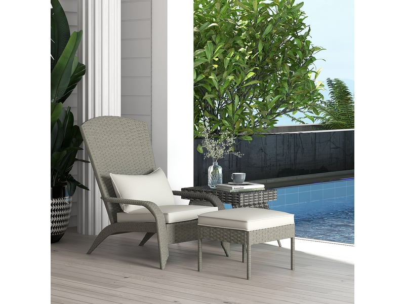  Chaise de jardin avec repose-pieds et coussins rembourrés, en rotin et acier, 64 x 82 x 89 cm, gris et crème  - Conforama D
