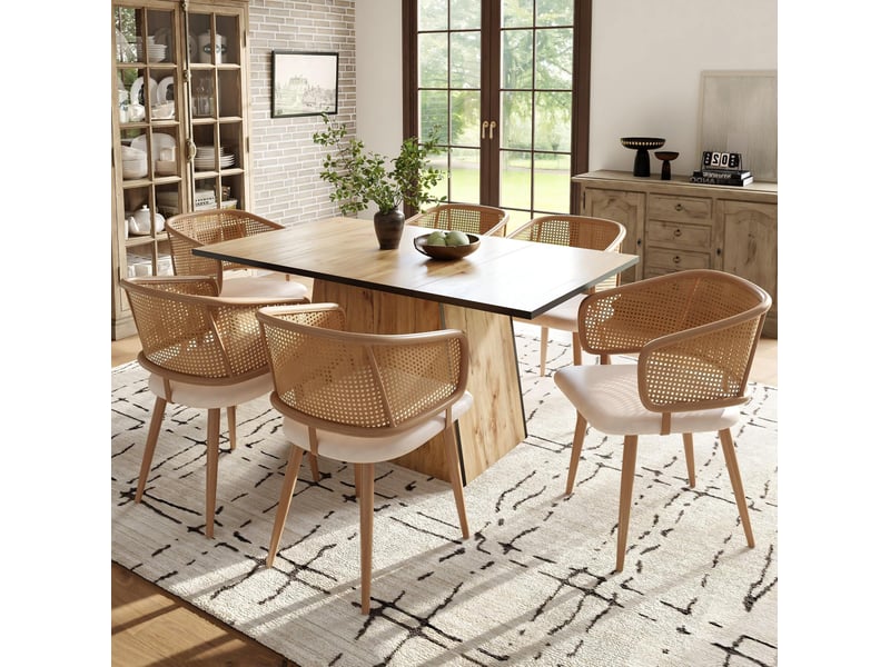  Lot de 2 chaises de salle à manger 47x51x79 cm dossier en rotin pe, métal et polyuréthane (pu), beige et marron  - Conforama D