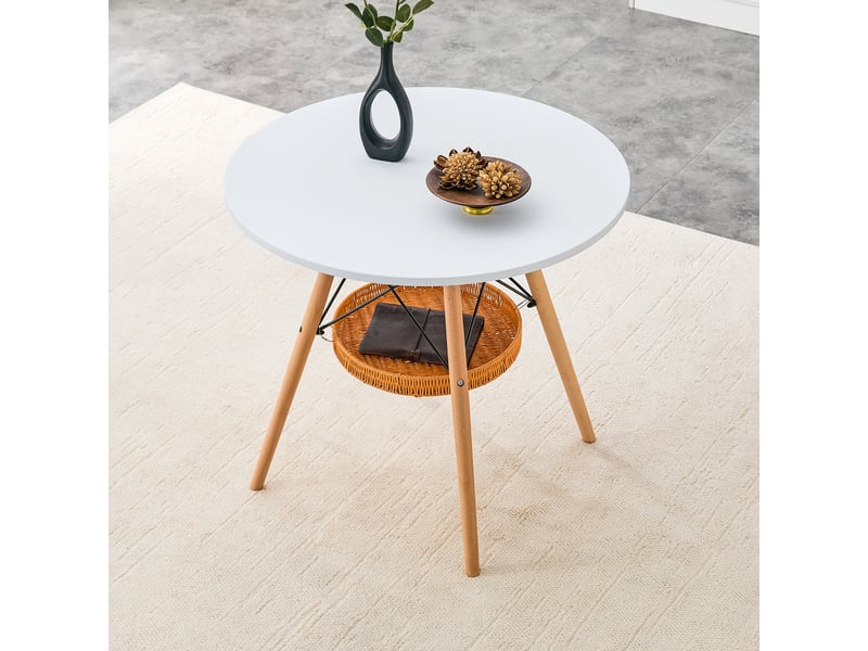 Table à manger ronde,80x80x71,5 cm,avec panier de rangement,mdf,blanc pieds en bois - Conforama B