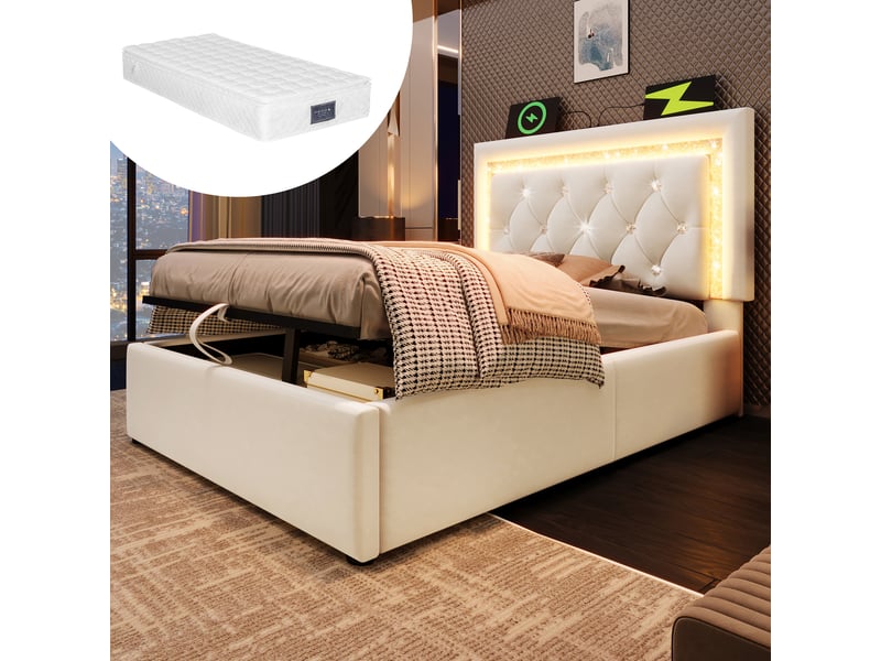 Lit coffre 90x200 avec matelas inclus, velours beige, led et ports usbusb-c - Conforama B
