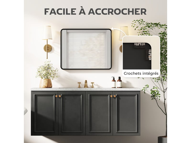  Miroir mural rectangulaire 50 x 40 cm, miroir décoratif moderne avec cadre en métal pour salon, entrée, couloir, noir  - Conforama E