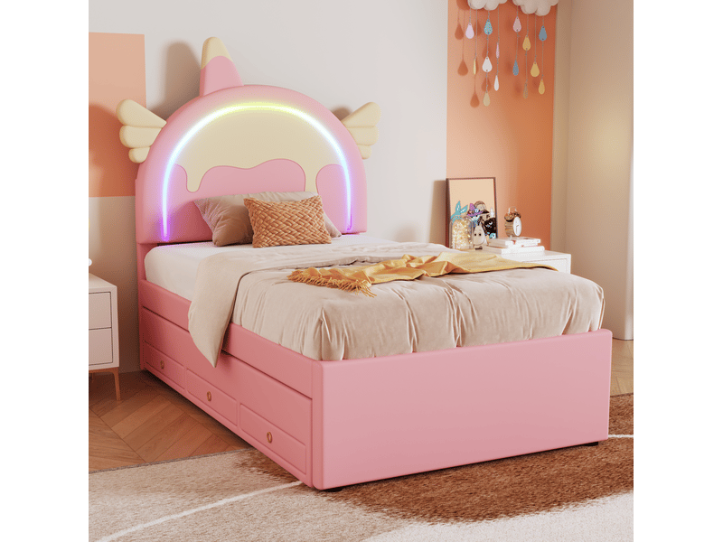  Lit enfant 90 x 200 cm rose avec lit gigogne et tiroirs, tête de lit licorne  - Conforama E