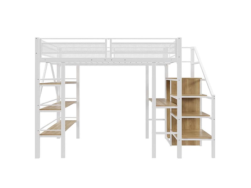 Lit mezzanine 140x200 cm, bureau, armoire, étagères, métal blanc, escalier avec rangement - Conforama A
