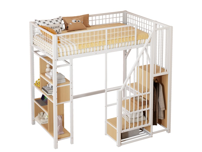 Lit mezzanine en métal blanc 90x200 cm, lit avec escalier et rangement intégré, structure robuste pour chambre adulte et enfant. - Conforama C
