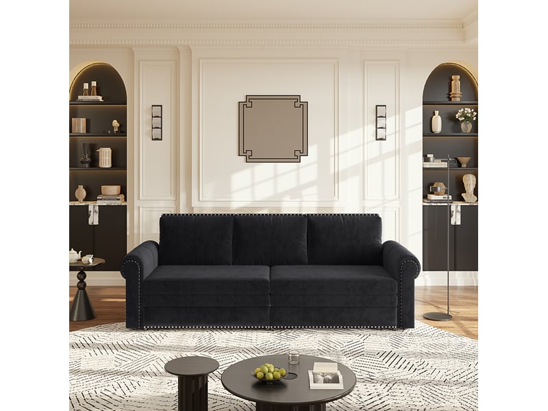 Canapé-lit 3 places 238x90x98 cm convertible 3-en-1, coussin de dossier réglable, en mousse et velours couleur noir - Conforama B