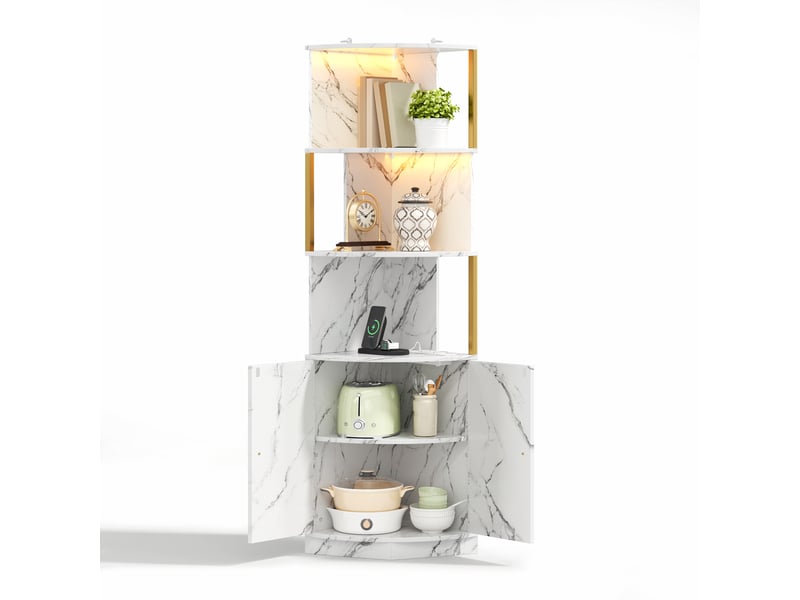 Meuble d’angle de rangement avec 2 portes, étagères ouvertes, éclairage led et prises pour cuisine 38×38×180 cm  - Conforama A