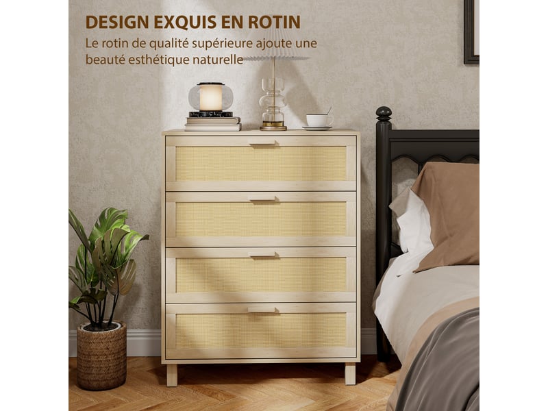  Commode 4 tiroirs cannage en rotin dim. 80l x 40l x 103h cm mdf aspect clair bois  - Conforama A
