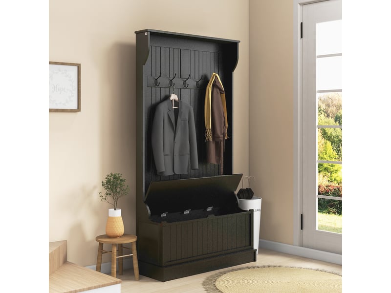 Porte-manteau avec banc de rangement pour chaussures et 5 crochets, style moderne, 96 x 34 x 179,7 cm, noir - Conforama D