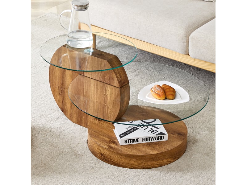 Table basse avec plateaux superposés en verre trempé et rangement, mdf bois, transparente, 78.5 × 78.5 × 24.5 cm - Conforama C