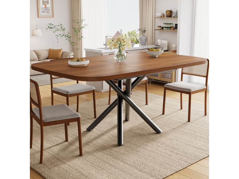  Table de cuisine extensible 115-155-195x115x75cm pour 4 à 8 personnes, piètement métallique en x robuste et hauteur des pieds réglable, chêne evarich - Conforama E