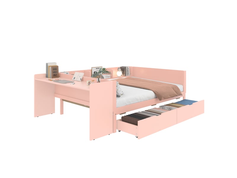 Lit 2 places 140x200 cm avec bureau, 2 tiroirs et étagères rose - Conforama A