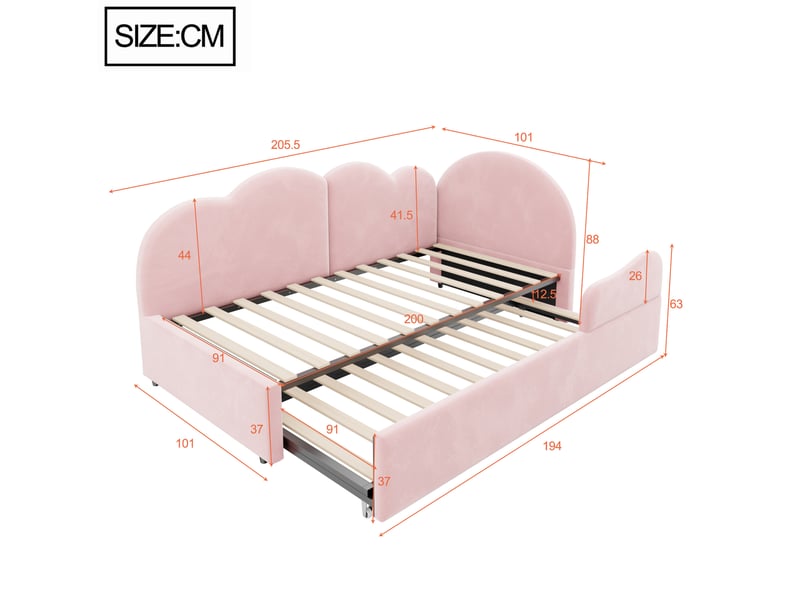  Lit gigogne modenvie l 90 x 200 cm en velours rose avec tête de lit en forme de nuage  - Conforama C