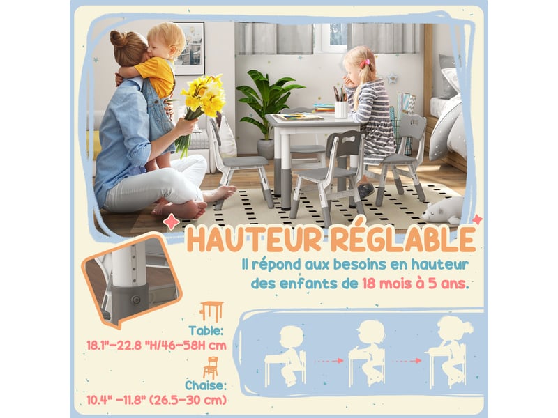  Ensemble 1 table et 4 chaises pour enfants à hauteur réglable, set de 5 pièces, gris  - Conforama E
