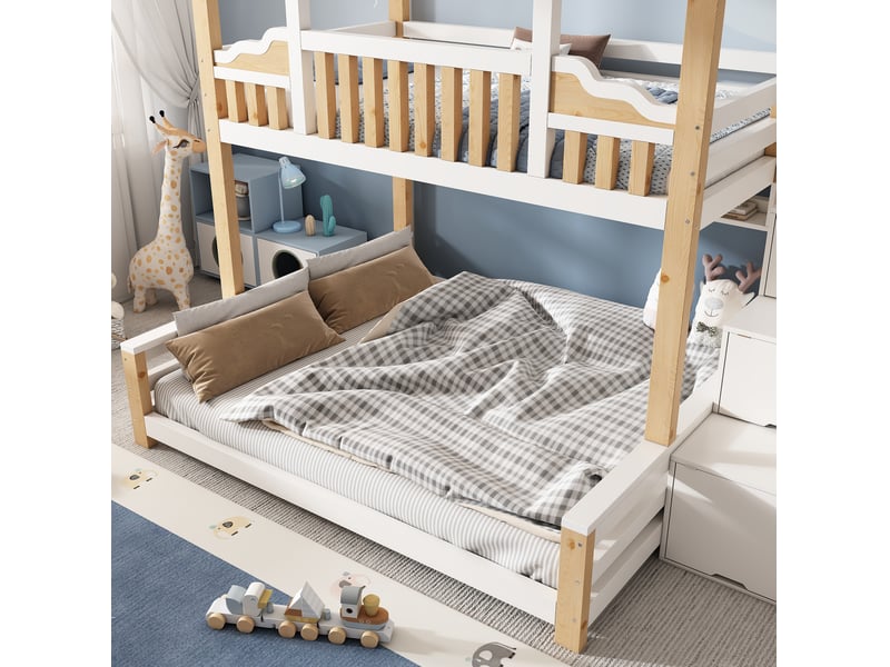  Lit superposé maison 90x200 et 140x200 cm avec escalier de rangement blanc et bois naturel  - Conforama E