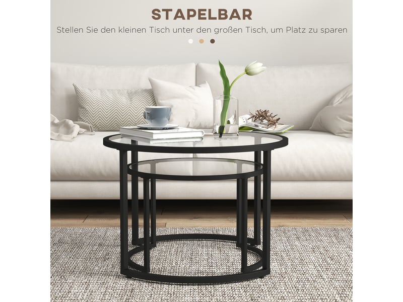  Tables basses gigognes rondes avec 2 plateaux en verre trempé et structure en acier, empilables, pour salon, noir  - Conforama C
