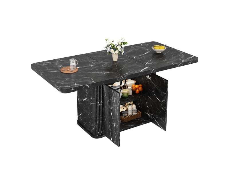  Table à manger extensible 140 à 180 cm avec rangement caché, plateau coulissant et façades rainurées, effet marbre noir  - Conforama A