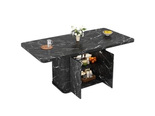 Table à manger extensible 140 à 180 cm avec rangement caché, plateau coulissant et façades rainurées, effet marbre noir