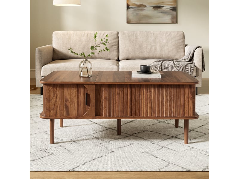  Table basse rétro moderne, plateau réglable en hauteur, porte coulissante, aspect noyer, rainures verticales, pieds en bois, table de salon multifonctionnelle  - Conforama B
