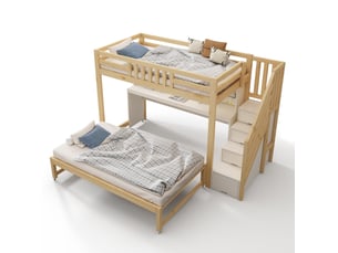 Lit superposé enfant 90x200 et 90x190 cm blanc et bois clair, bureau mobile et lit gigogne, sans matelas