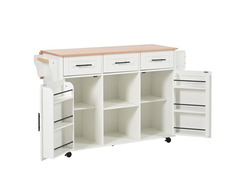  Desserte de cuisine blanche 139x46(71)x91,5 cm avec plateau rabattable effet bois et roulettes  - Conforama E