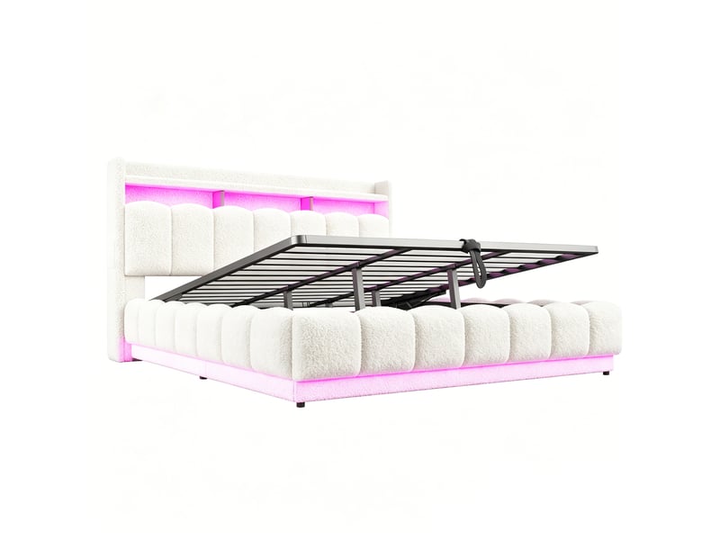  Lit double 180x200 cm en tissu bouclette blanc avec rangement hydraulique, led et usb  - Conforama E