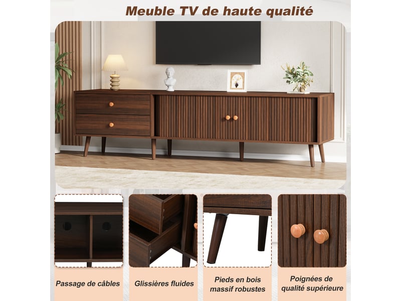 Meuble tv de salon, 180x40x46,5 cm, armoire tv avec 2 portes, 2 tiroirs, meuble de rangement, meuble tv moderne, couleur noyer - Conforama D
