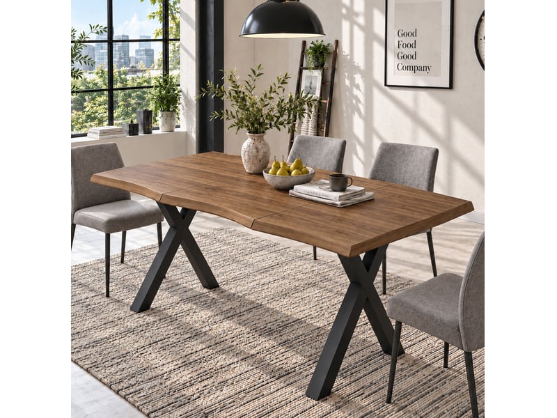  Table de salle à manger 160 x 78 cm, 4 à 6 places, plateau mdf bois foncé et pieds x en fer, style industriel  - Conforama B