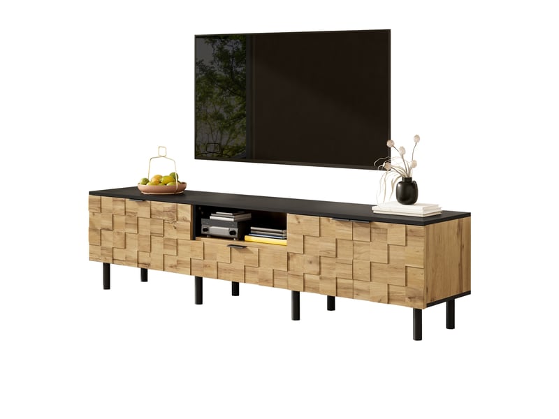  Meuble tv 170x35x44,5 cm, 2 portes, 1 tiroir, passe-câbles, façades texturées, pieds métal, grand rangement pour salon - naturel  - Conforama A