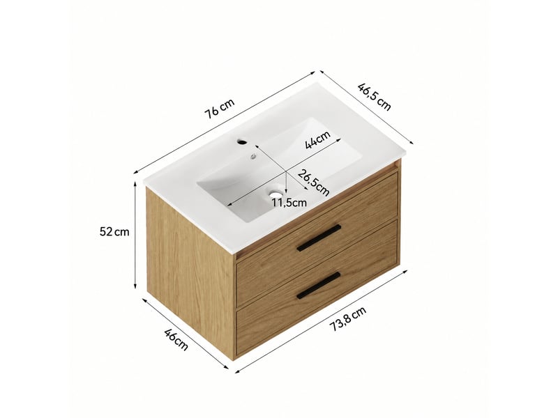  Meuble de salle de bains 75 cm effet chêne clair avec 2 tiroirs  - Conforama C