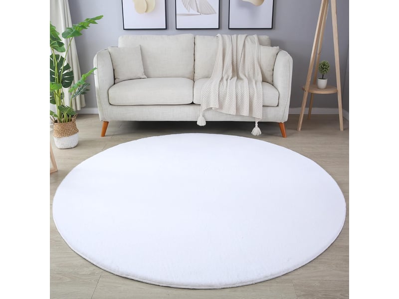 Tapis rond fausse fourrure toucher doux blanc 160x160cm POUFFY1601605100WHITE - Conforama B