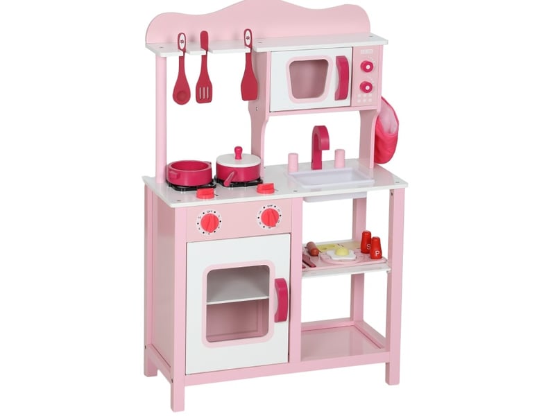  Cuisine-jouet enfant 55x24x86 cm – rose – sons, micro-ondes, évier et accessoires en bois, format compact  - Conforama A