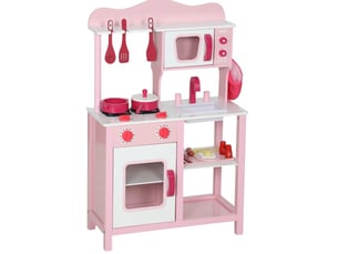 Cuisine-jouet enfant 55x24x86 cm – rose – sons, micro-ondes, évier et accessoires en bois, format compact