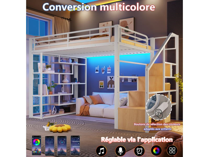  Lit mezzanine 140x200 cm – avec escalier rangement led et étagères – métal et mdf – blanc CozyNest - Conforama E