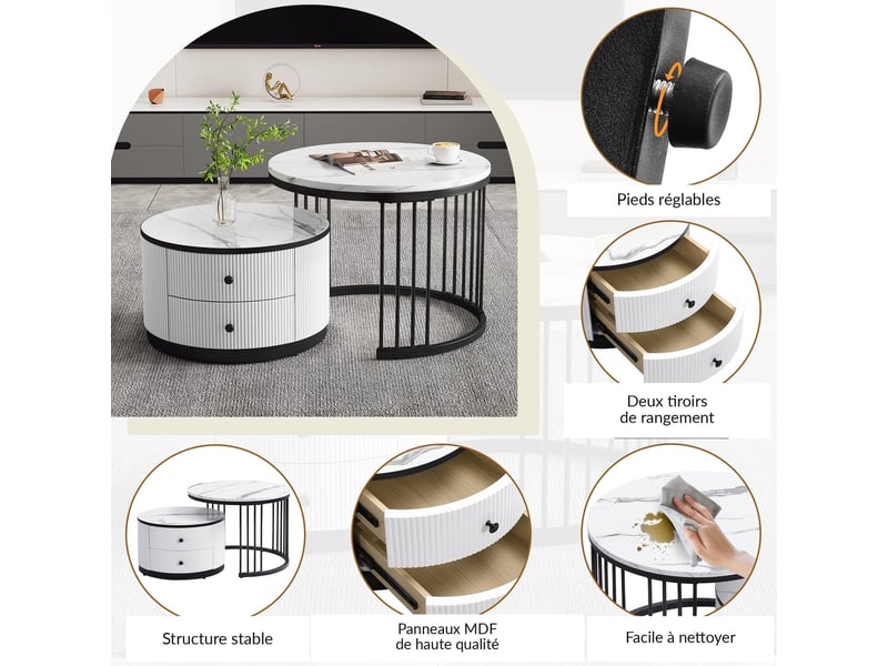  Lot de 2 tables basses gigognes rondes 60 et 50 cm, 2 tiroirs, effet marbre brillant, blanc et noir  - Conforama B