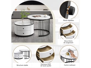 Lot de 2 tables basses gigognes rondes 60 et 50 cm, 2 tiroirs, effet marbre brillant, blanc et noir