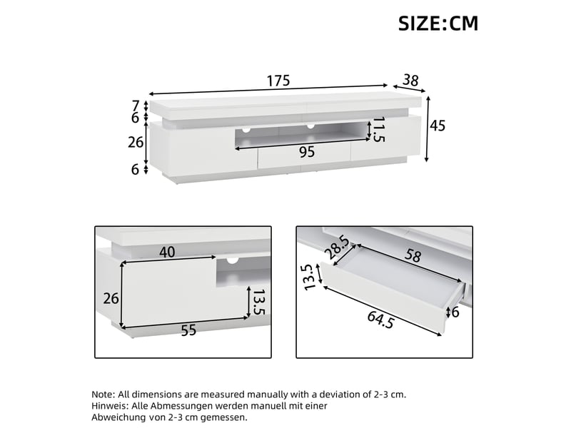  Meuble tv bas 175 x 38 x 45 cm avec led, 2 placards, 1 tiroir, blanc  - Conforama C