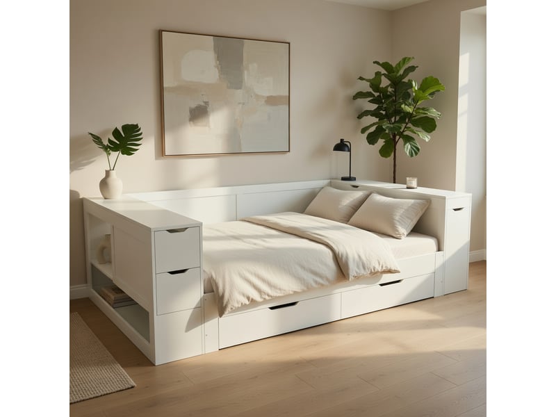  Gutenacht lit coffre 140x190 cm blanc avec tiroirs, étagères et rangement  - Conforama D