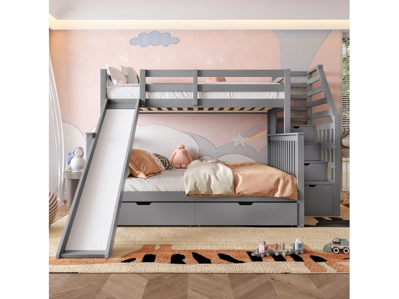  Lit superposé enfant 90 x 200 et 140 x 200 cm avec toboggan et rangement, gris  - Conforama D