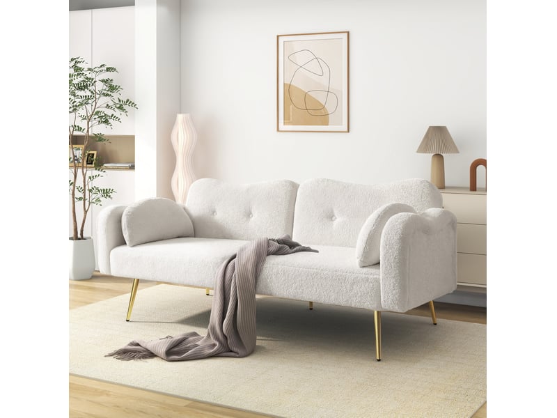 Canapé droit convertible 2 places blanc en tissu bouclette, dossier réglable 3 positions et pieds métal doré - Conforama B