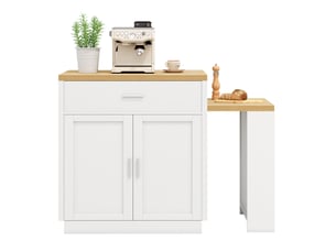Îlot de cuisine avec table extensible 4-6 personnes, prises, 2 tiroirs et étagères