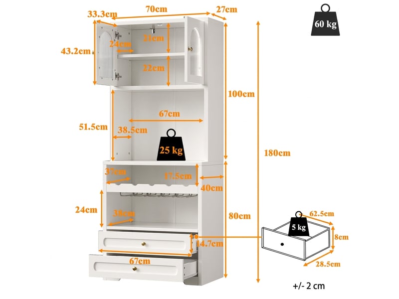  Armoire haute avec portes en verre, éclairage led, 140x40x180cm, blanc  - Conforama D