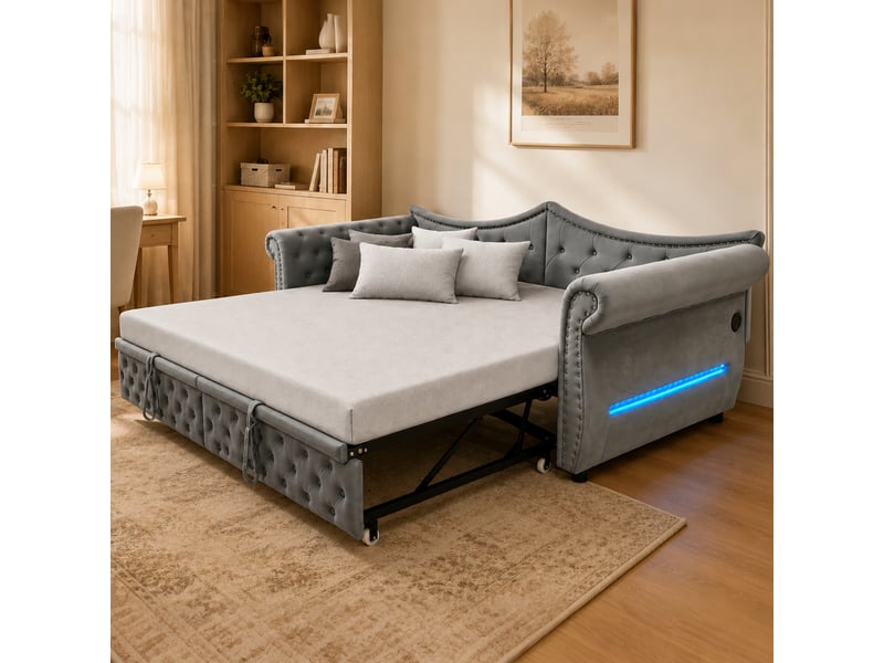  Lit banquette rembourré 90x200 cm - convertible - lit gigogne - éclairage led - port usb - prise de charge - velours - gain de place - gris CozyNest - Conforama E