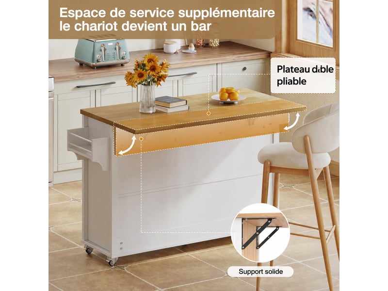  Îlot de cuisine mobile avec plateau rabattable, 5 roulettes verrouillables, 4 portes et 3 tiroirs, 140 x 70 x 90,5 cm, blanc  - Conforama B