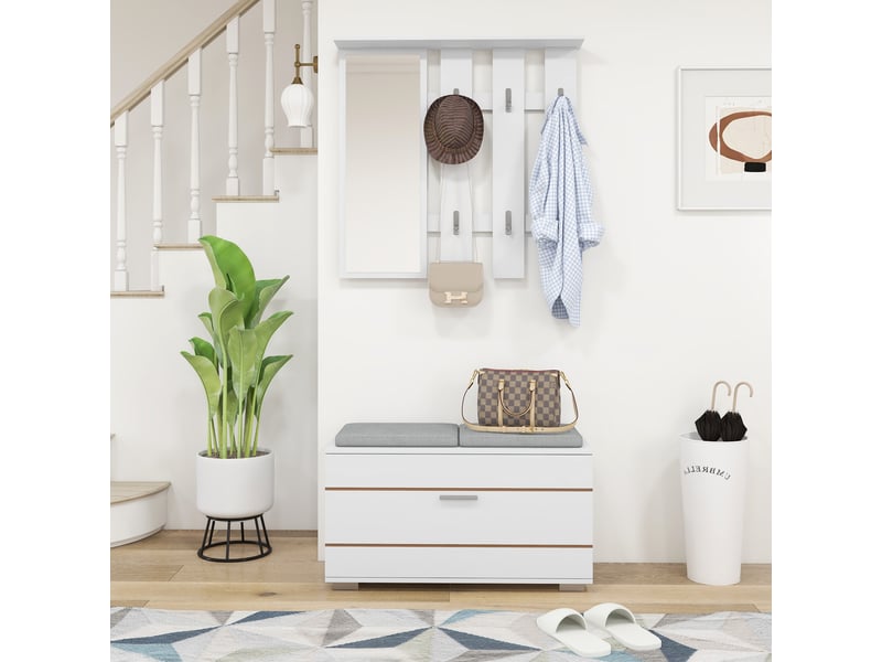  Ensemble de meubles d'entrée avec porte-manteau, miroir, banc avec coussins et étagère à chaussures pour 8 paires de chaussures, blanc  - Conforama C