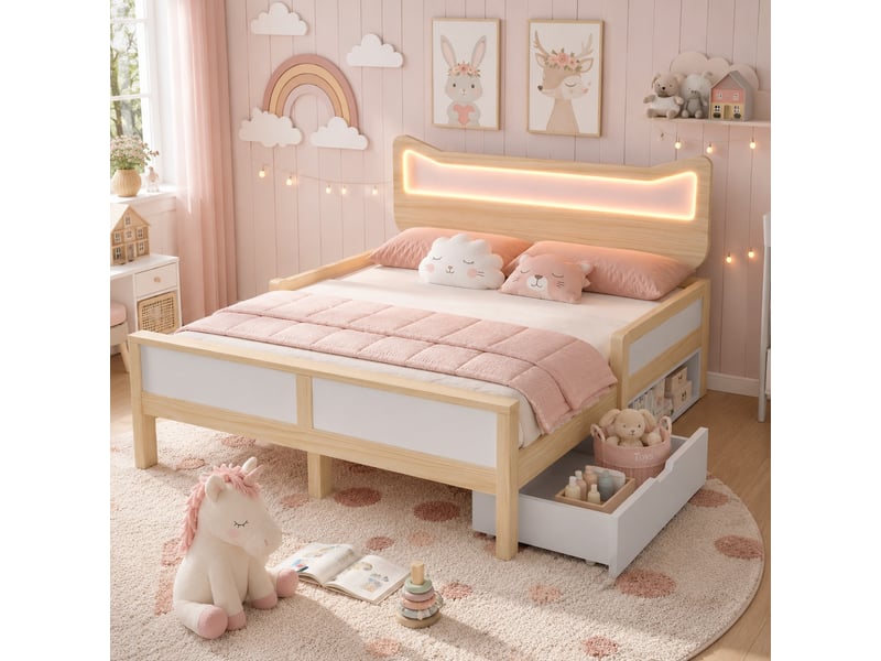  Lit simple enfant 140 x 200 cm avec tête de lit oreilles de chat et éclairage led, tiroir réversible et barrières latérales, bois, blanc Morn Vibe - Conforama C