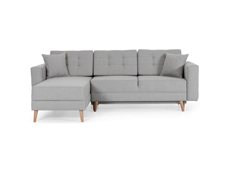  Canapé d'angle convertible hasgard 3 places gris 248x162 cm – coffre et pieds bois  - Conforama A