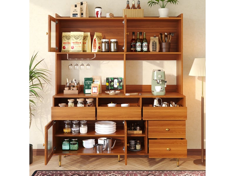  Meuble de cuisine muvano avec portes en verre strié, décor noyer, 145 × 39 × 171 cm  - Conforama C