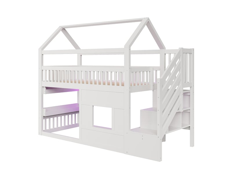  Lit mezzanine enfant simple 90×200 cm, escalier, rangement et led réglable - okmyhome- blanc, sans matelas  - Conforama E